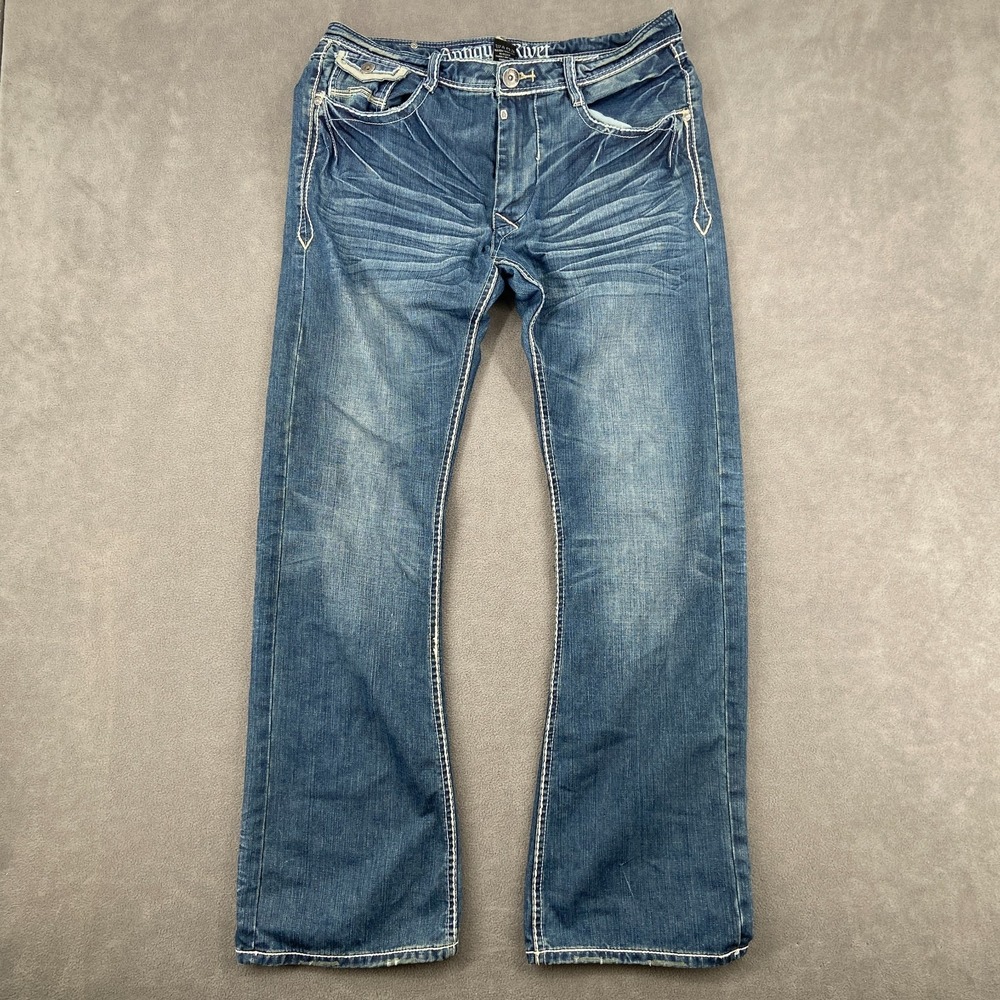 Antique Rivet Jeans Men 33x34 Blue Denim Cotton Embroidered Mid Rise Bootcut Leg